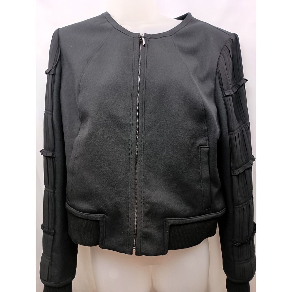 White‎ House Black Market Pleated Ruffle Sleeve Bomber Jacket Black Womens 12